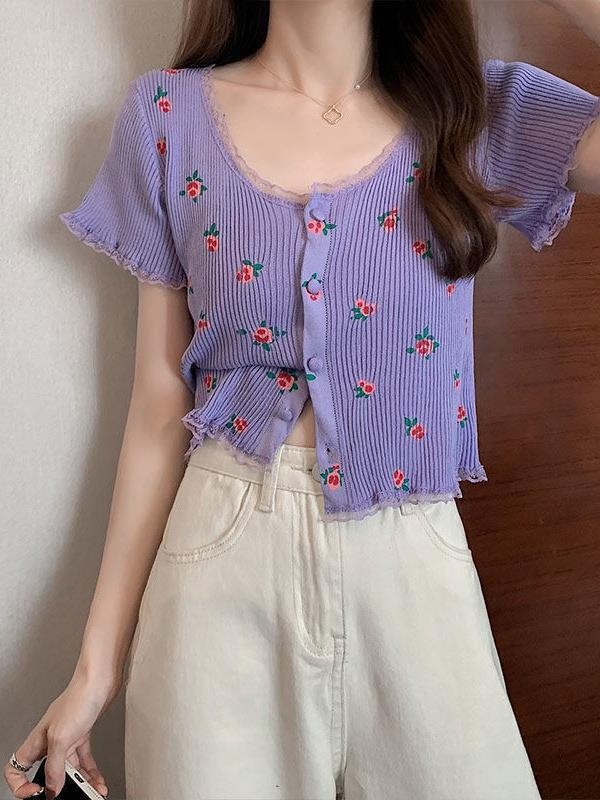 Age-reducing Floral Knitted Bottoming Shirt Short Sleeve