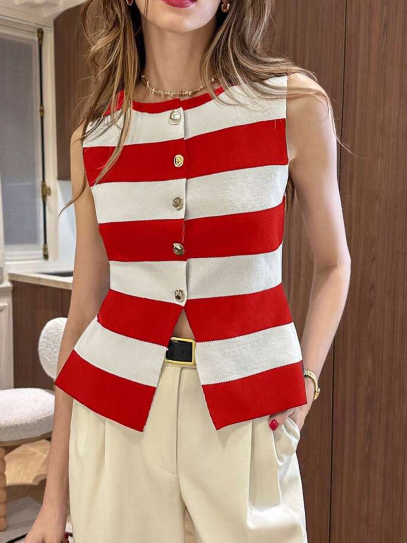 Elegant Knitted Women's Clothing Design Striped Knitted Vest Jacket