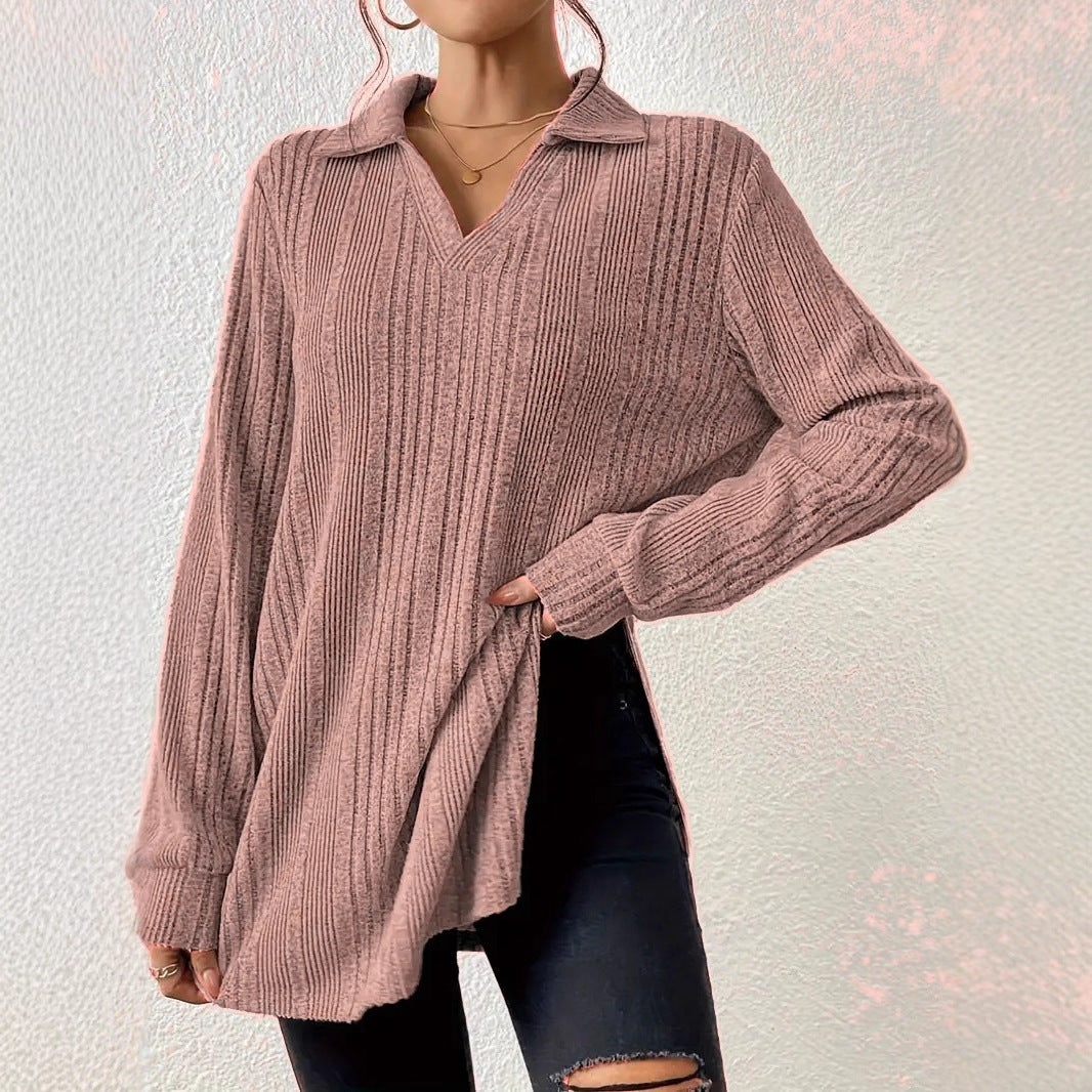 Women's V-neck Reverse Collar Long-sleeved T-shirt