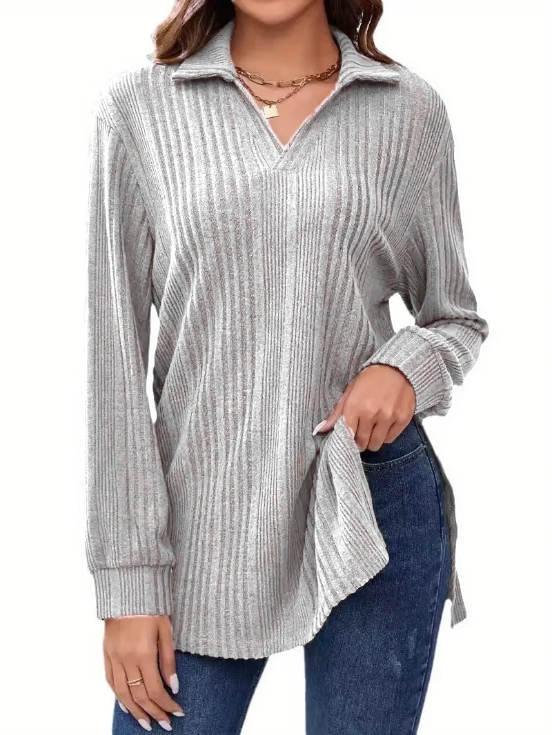 Women's V-neck Reverse Collar Long-sleeved T-shirt
