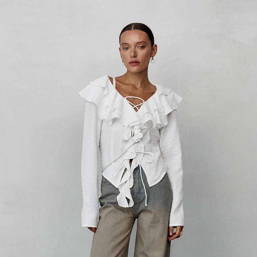 White Crepe Casual Ruffled Sexy Elegant Lace-up Long Sleeve Shirt