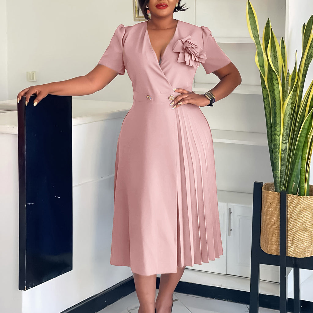 V-neck Fashion Short Sleeve Solid Color Elegant Dress