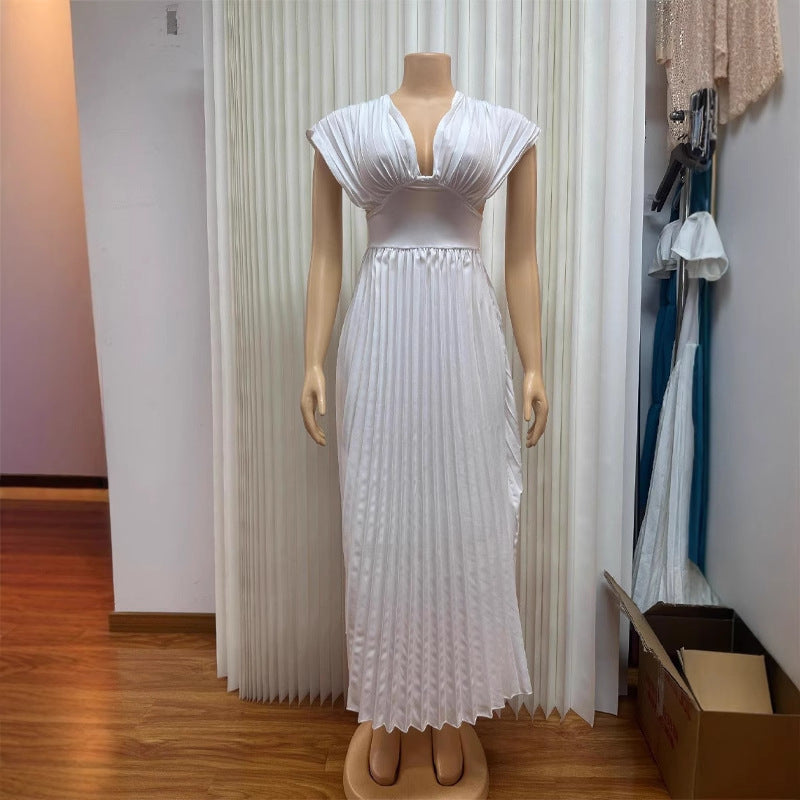 V-neck Sexy Bat Sleeve Slim-fit Pleated A- Line Dress