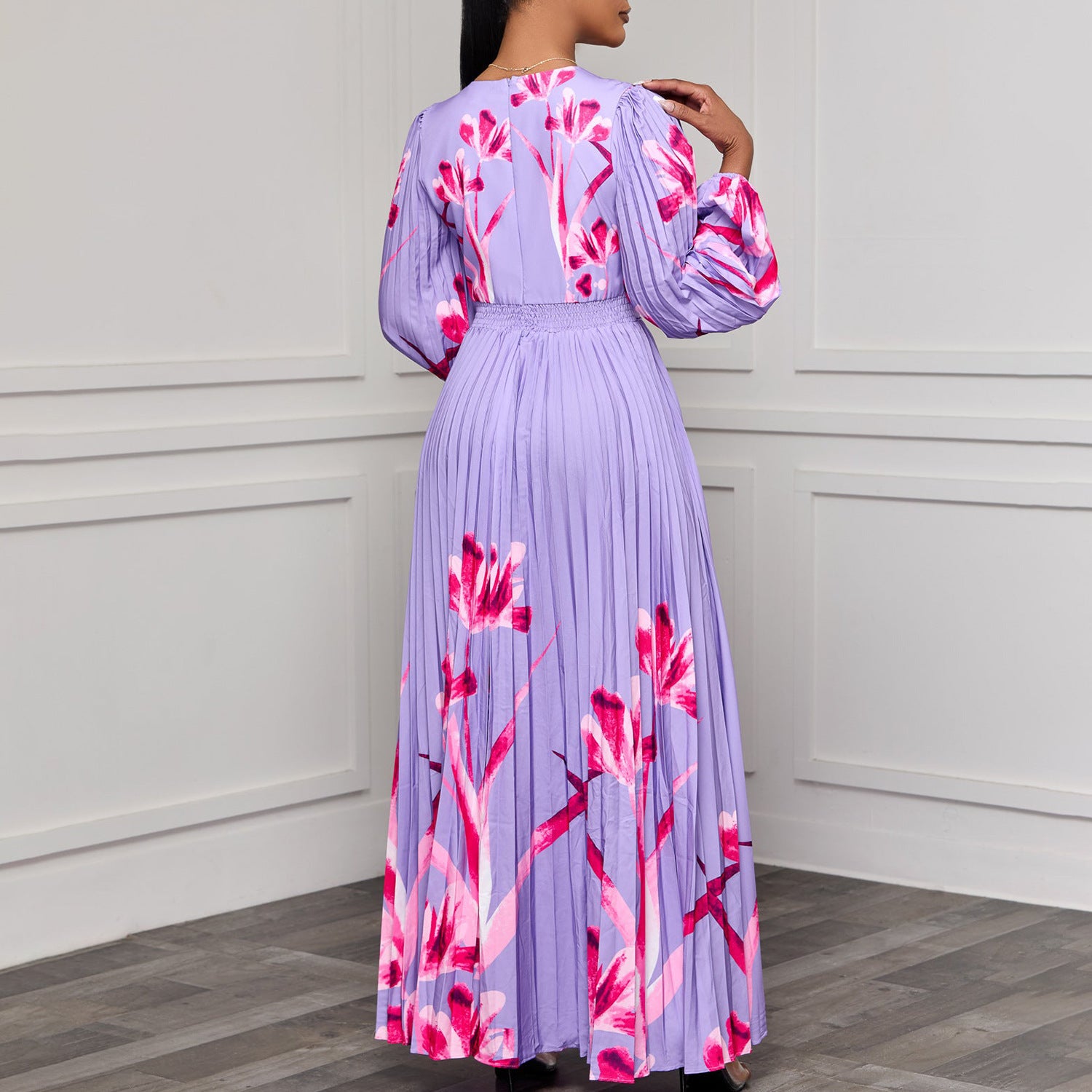 V-neck Slimming Long Sleeves Printed Pleated Dress