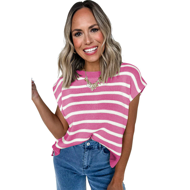 Women's Casual Versatile Striped Round Neck Short Sleeved Shirt