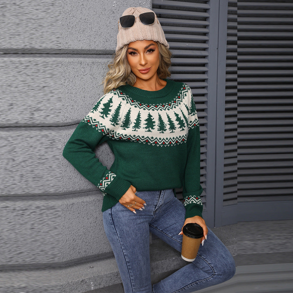 Women's Round Neck Jacquard Christmas Tree Green Sweater