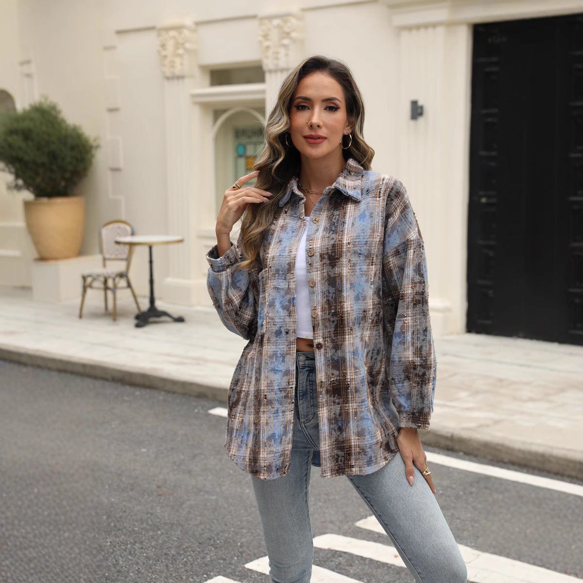 Street Style Plaid Shirt Women's Ripped Top Pocket Long Sleeve Coat
