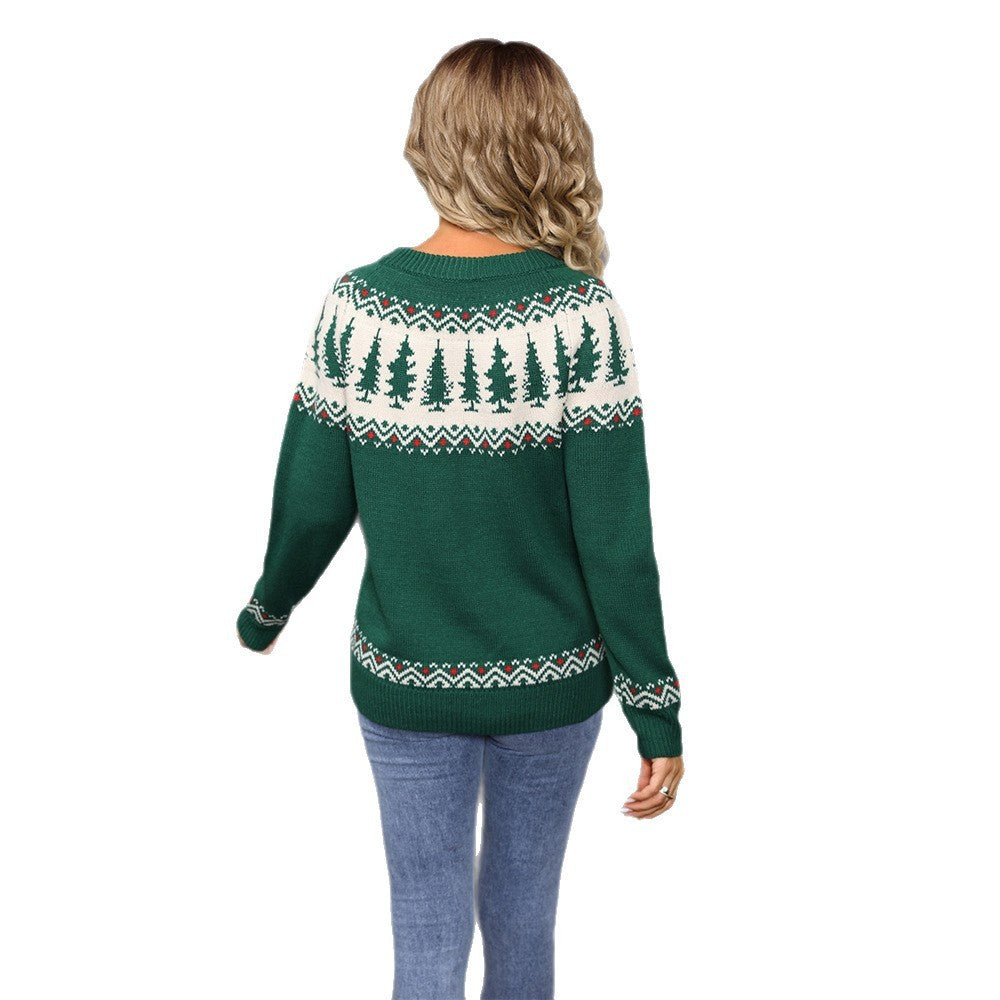 Women's Round Neck Jacquard Christmas Tree Green Sweater