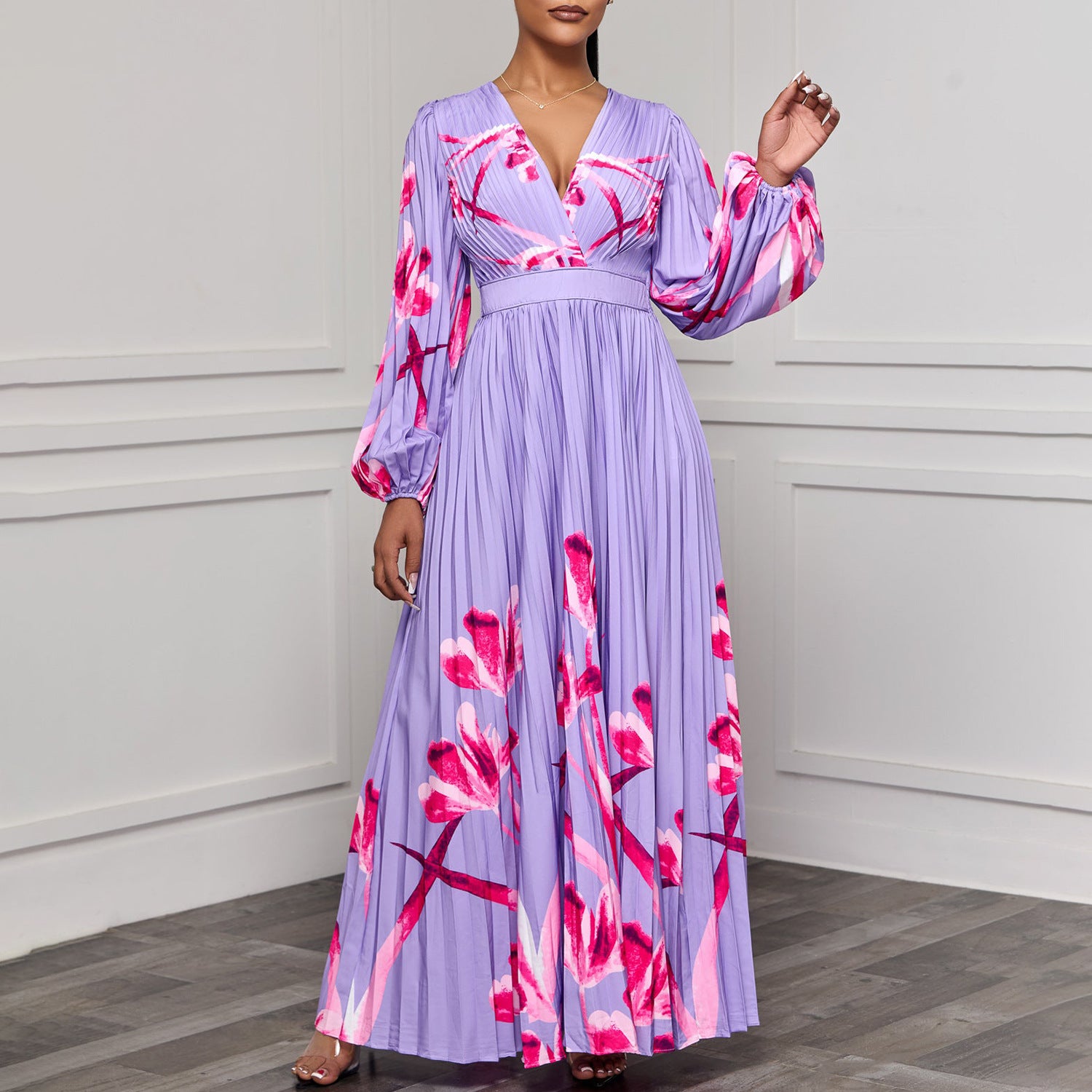 V-neck Slimming Long Sleeves Printed Pleated Dress