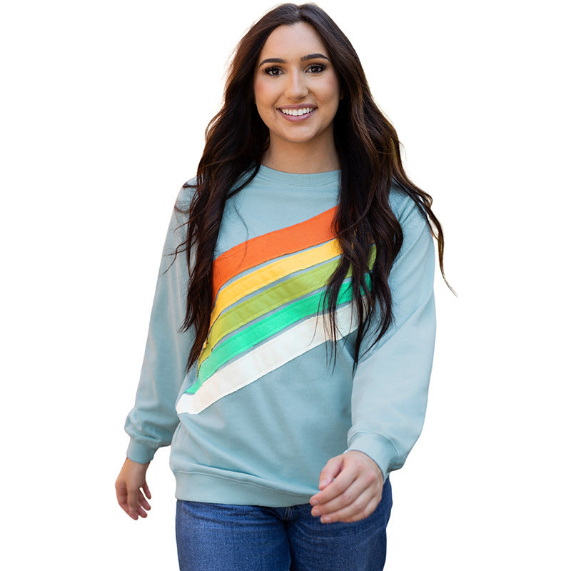 Rainbow Striped Pullover Casual Loose Long Sleeve Sweatershirt