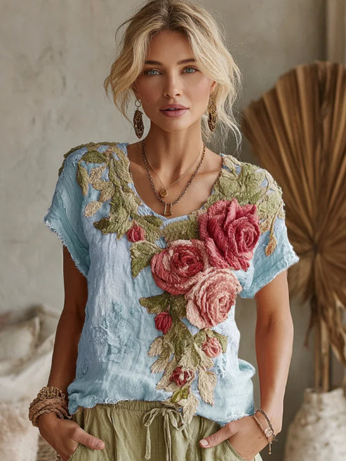 Women's Vintage Floral Art Linen Crew Neck T-shirt