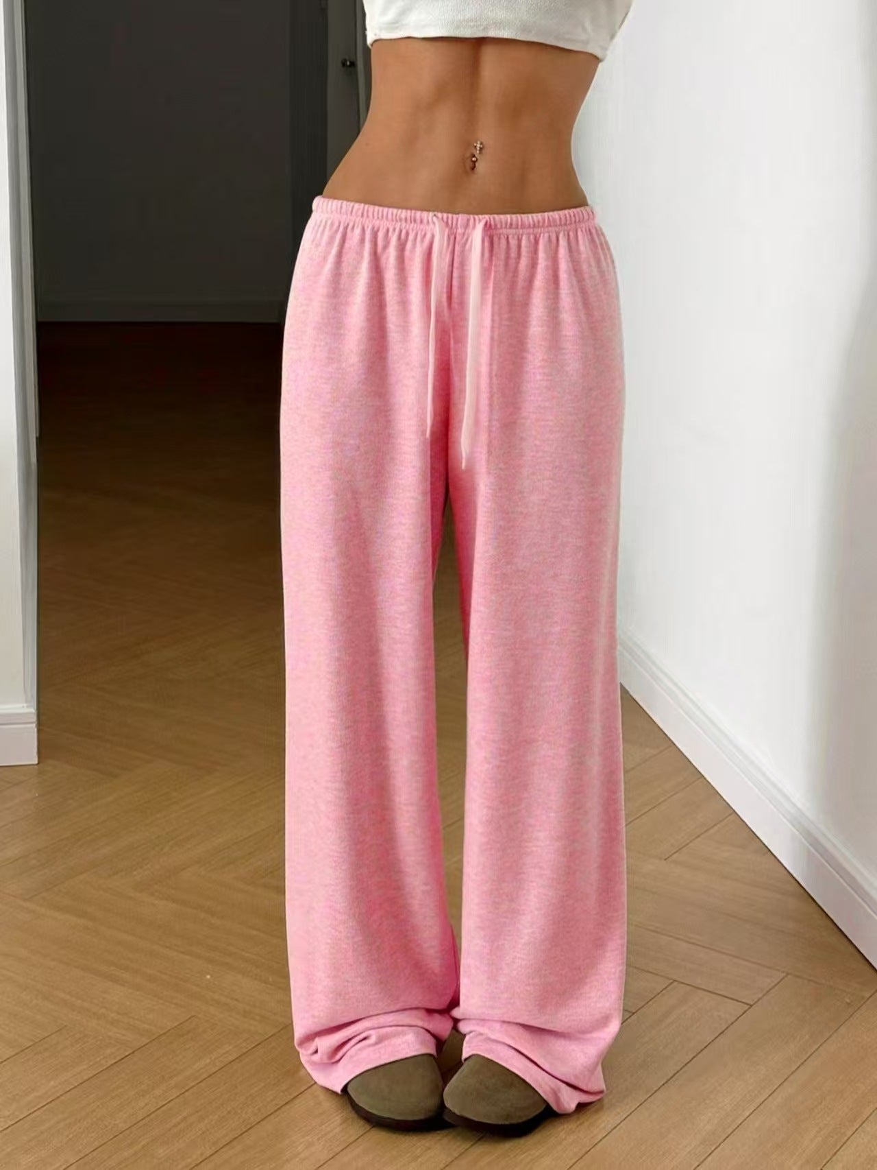 Trousers Elastic Waistband Lace-up Wide-leg Casual Pants