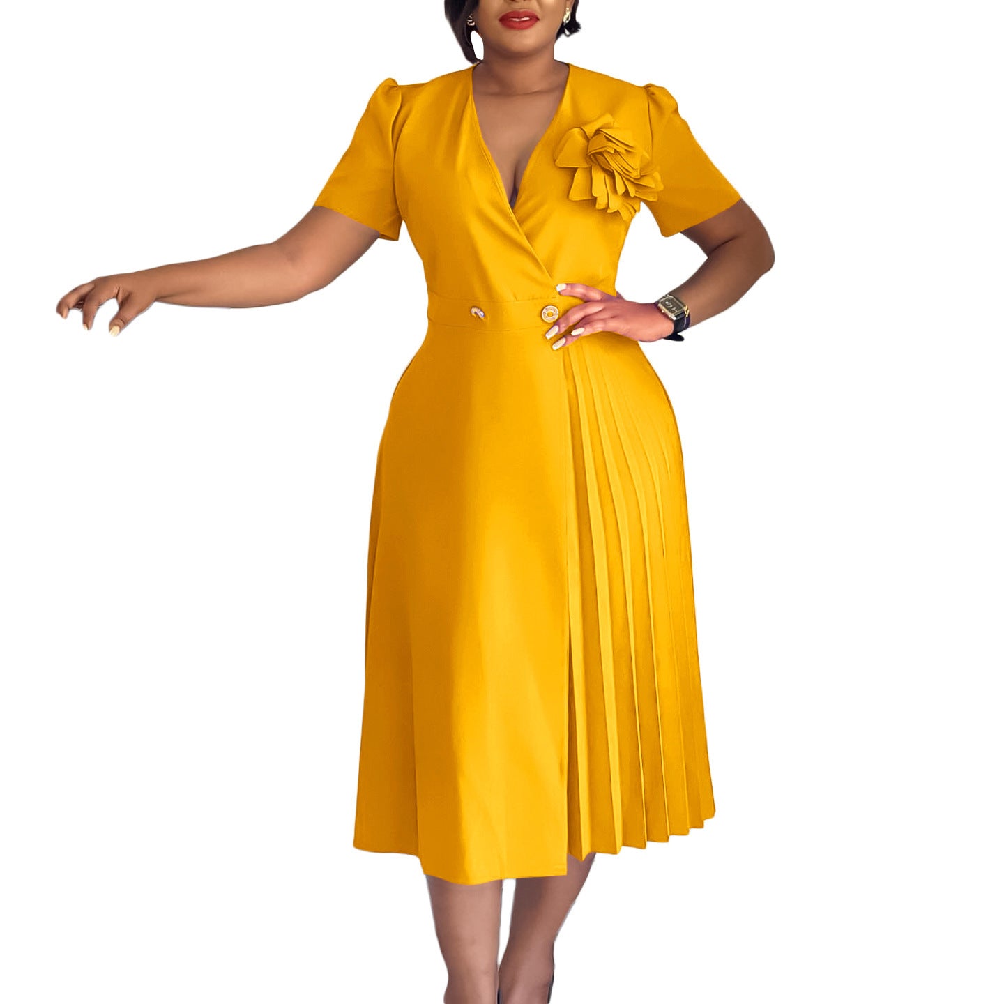 V-neck Fashion Short Sleeve Solid Color Elegant Dress
