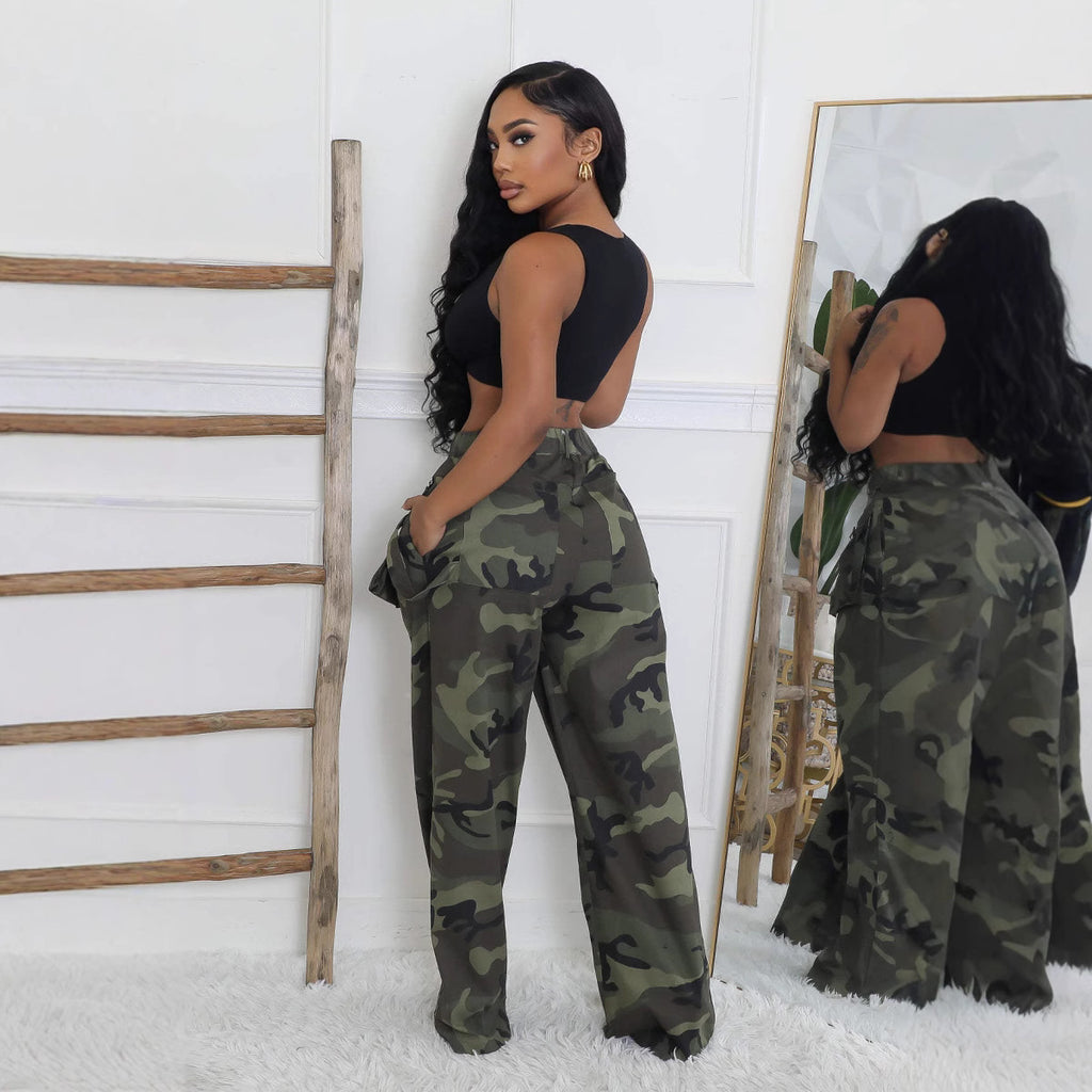 Camouflage Multi-pocket Loose Zip Overalls