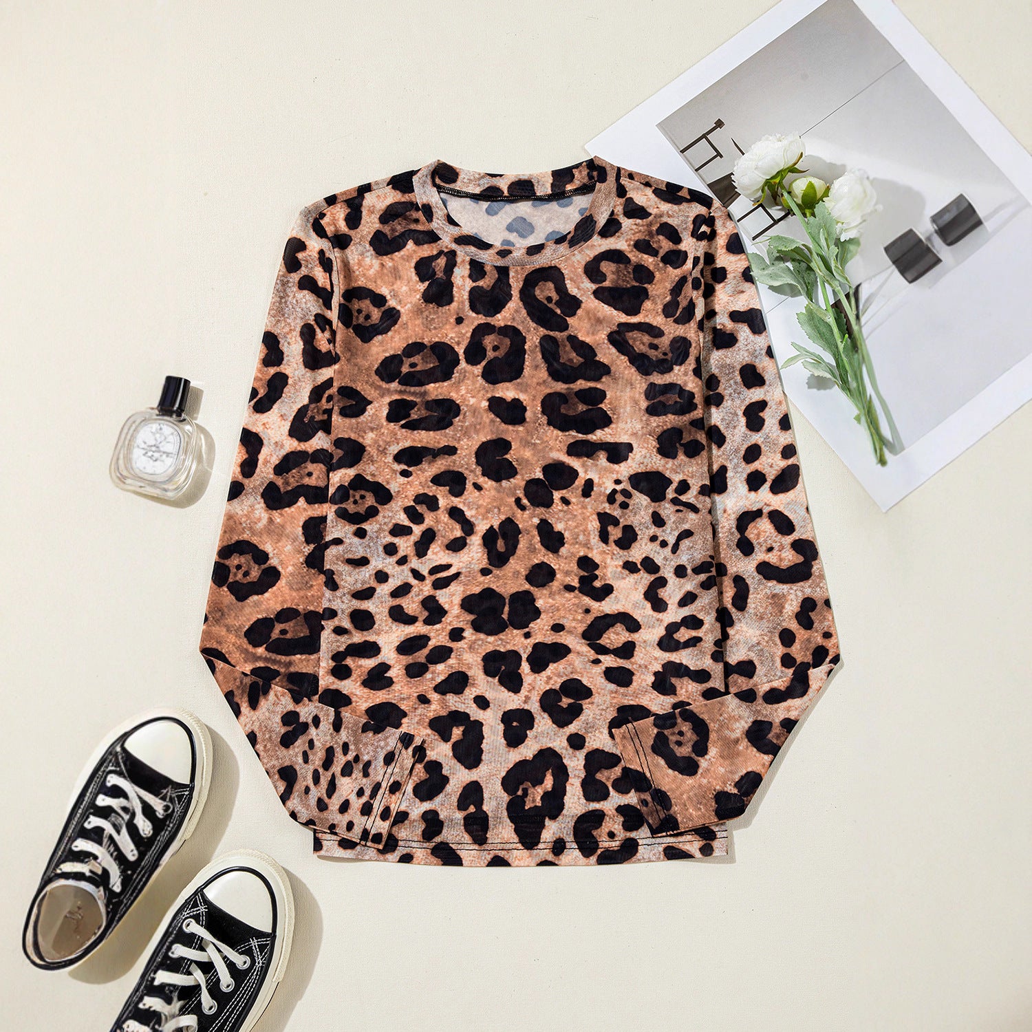 Leopard-print Long-sleeved Shirt Women's Slim Pullover Round Neck Sweater