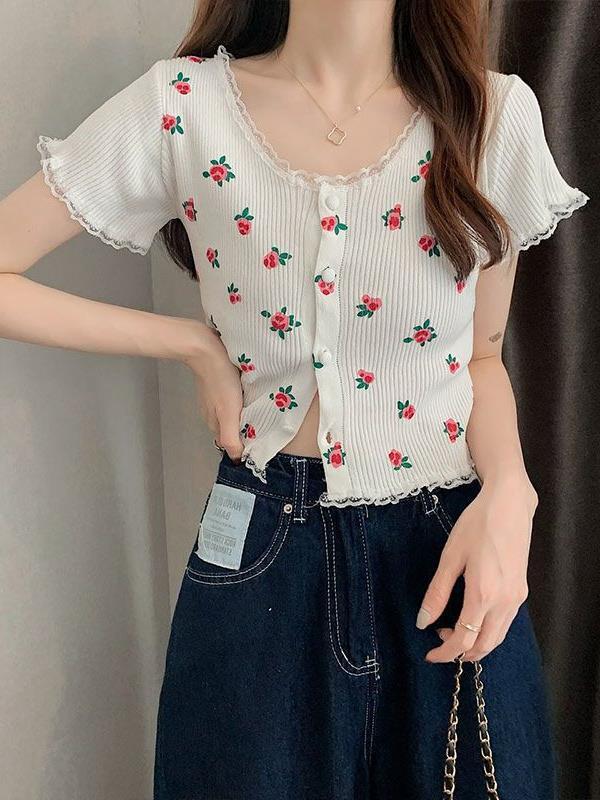 Age-reducing Floral Knitted Bottoming Shirt Short Sleeve