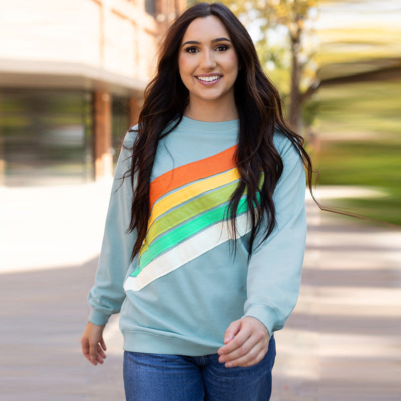 Rainbow Striped Pullover Casual Loose Long Sleeve Sweatershirt