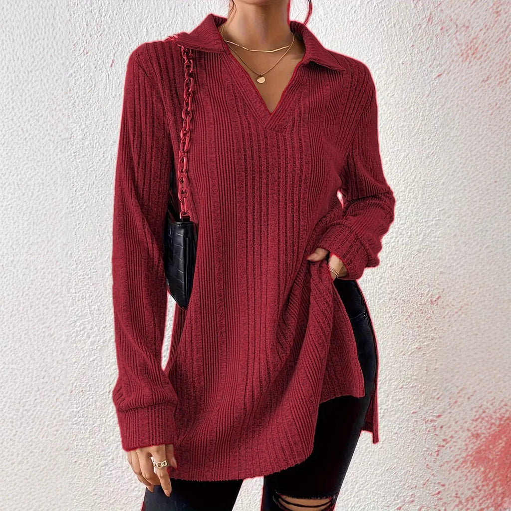 Women's V-neck Reverse Collar Long-sleeved T-shirt