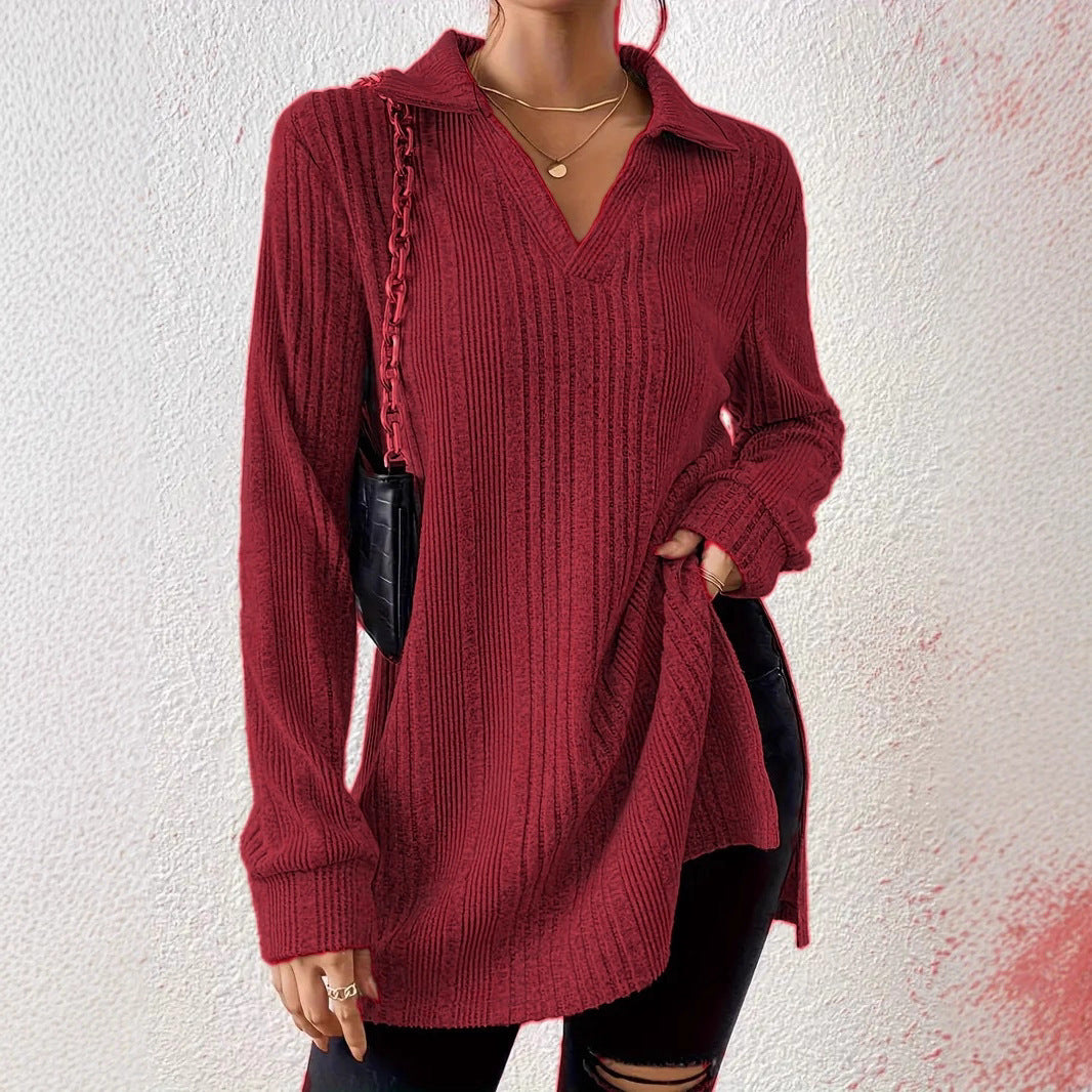 Women's V-neck Reverse Collar Long-sleeved T-shirt