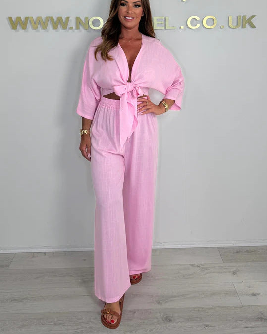 Pure Color Tied Shirt High Waist Straight Casual