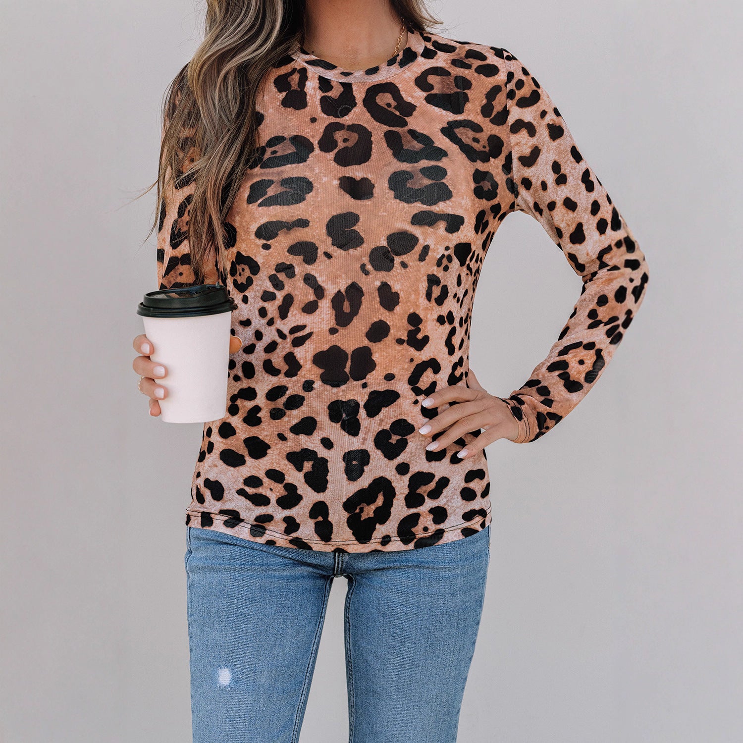 Leopard-print Long-sleeved Shirt Women's Slim Pullover Round Neck Sweater