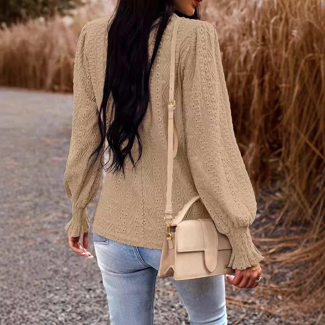 Temperament Commute Long Sleeve V-neck Smocking Top