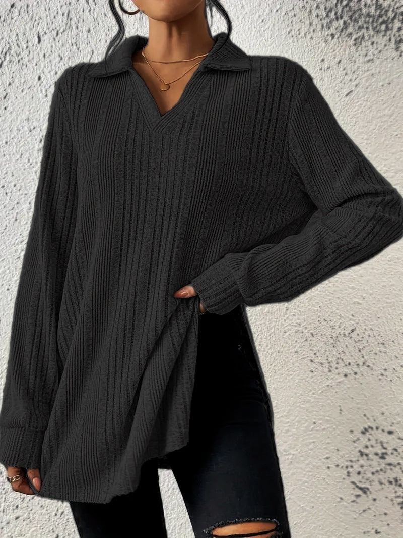 Women's V-neck Reverse Collar Long-sleeved T-shirt