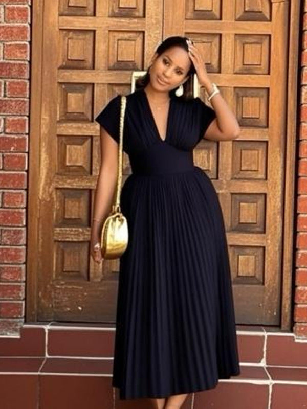 V-neck Sexy Bat Sleeve Slim-fit Pleated A- Line Dress