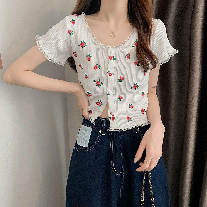 Age-reducing Floral Knitted Bottoming Shirt Short Sleeve