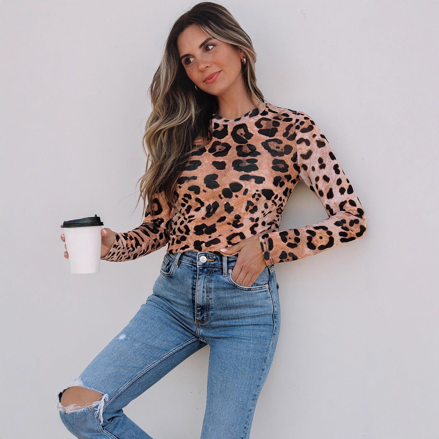 Leopard-print Long-sleeved Shirt Women's Slim Pullover Round Neck Sweater