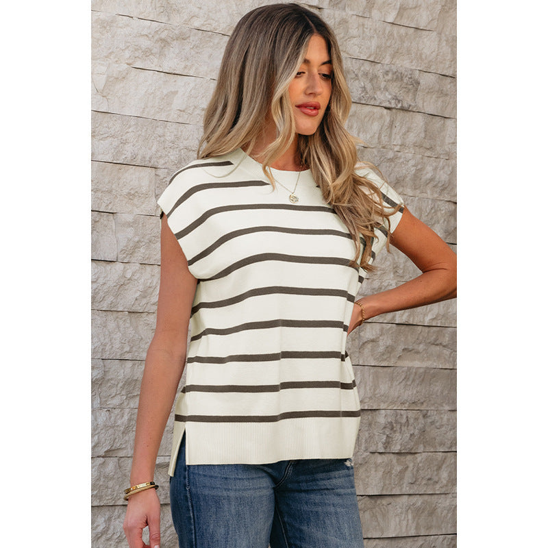Women's Casual Versatile Striped Round Neck Short Sleeved Shirt