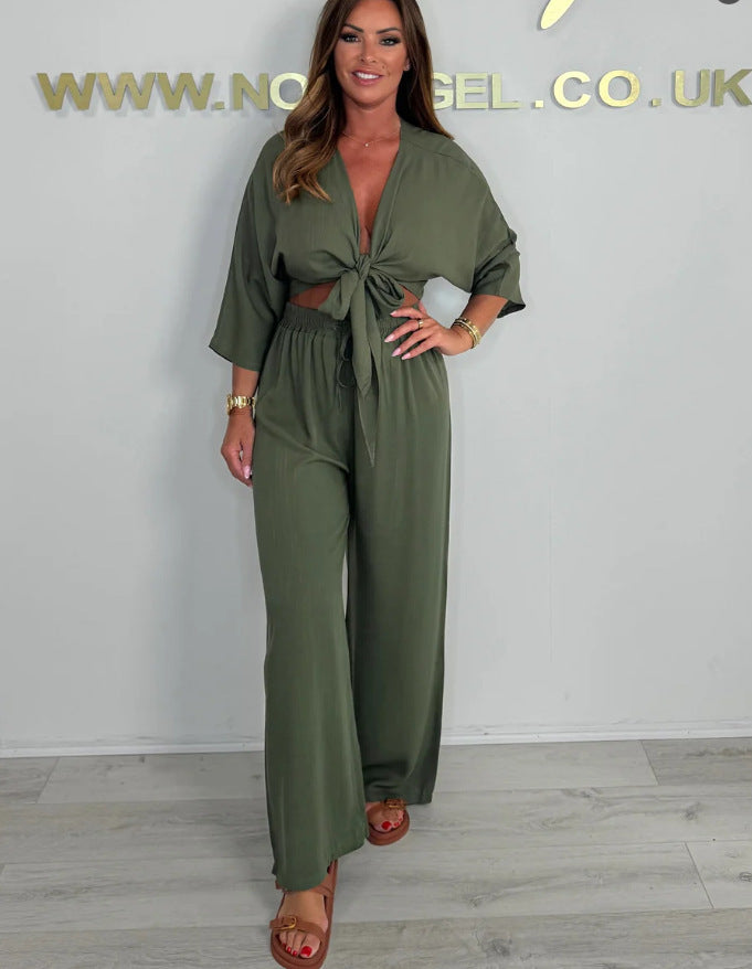 Pure Color Tied Shirt High Waist Straight Casual