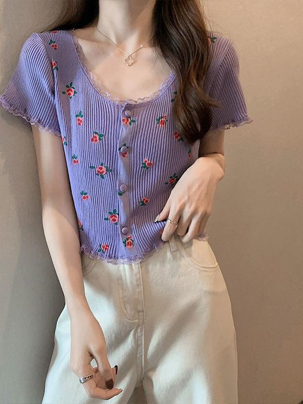 Age-reducing Floral Knitted Bottoming Shirt Short Sleeve