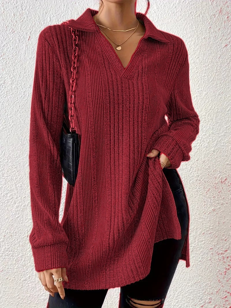 Women's V-neck Reverse Collar Long-sleeved T-shirt