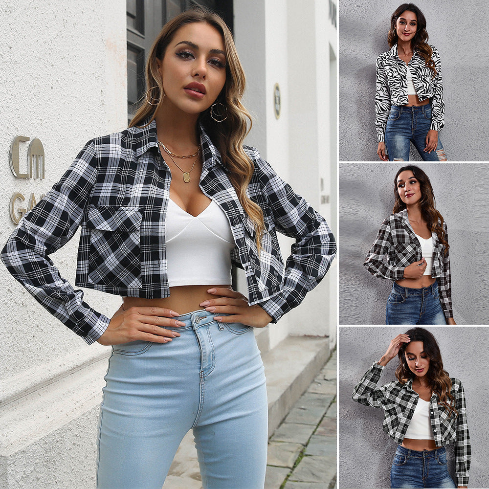 Plaid Zebra Print Pocket Long Sleeve Shirt Cropped Top Cardigan Thin Outerwear