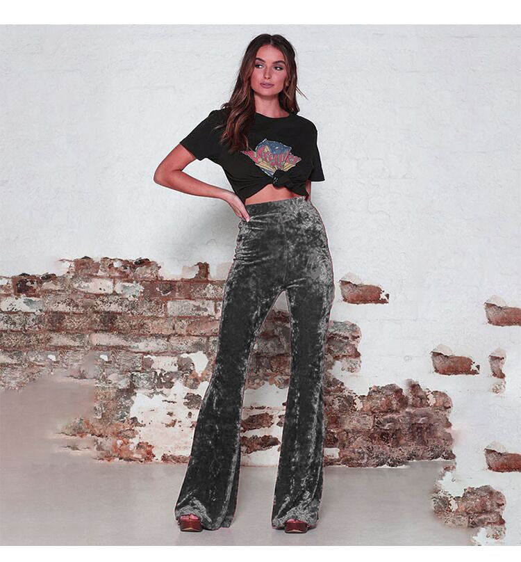 Women's High Waist Gold Velvet Casual Wide Leg Flared Pants