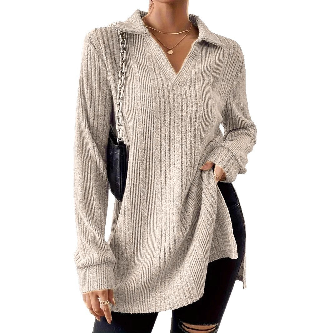 Women's V-neck Reverse Collar Long-sleeved T-shirt