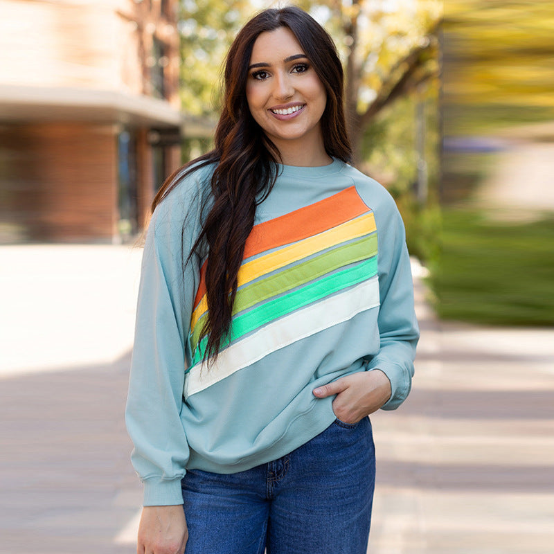 Rainbow Striped Pullover Casual Loose Long Sleeve Sweatershirt