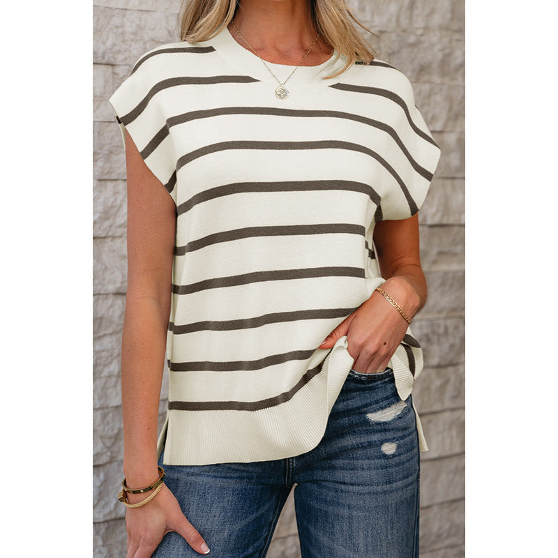 Women's Casual Versatile Striped Round Neck Short Sleeved Shirt