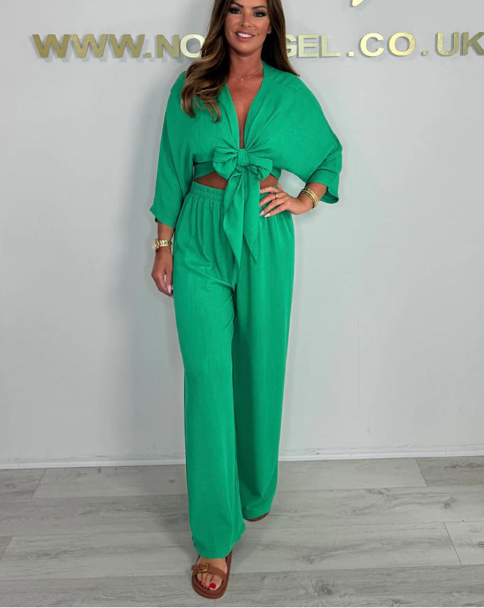 Pure Color Tied Shirt High Waist Straight Casual