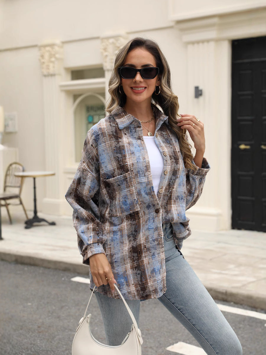 Street Style Plaid Shirt Women's Ripped Top Pocket Long Sleeve Coat