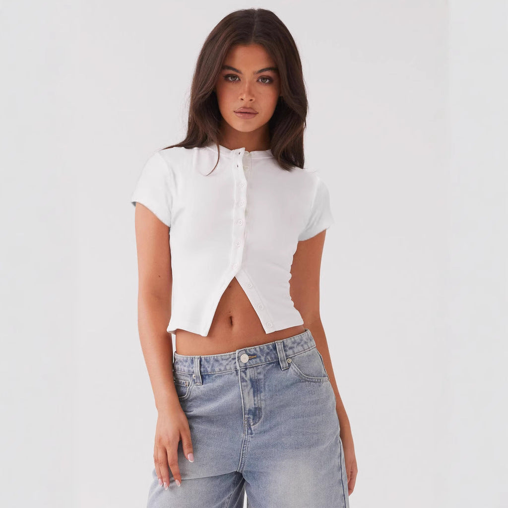 Summer New Slim-fit Buttoned Cardigan Short Sleeve T-shirt