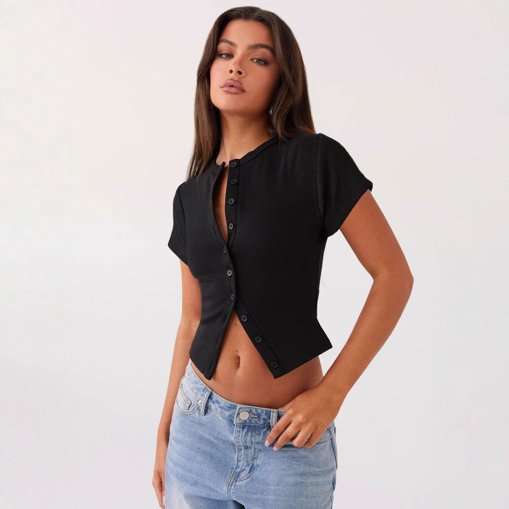 Summer New Slim-fit Buttoned Cardigan Short Sleeve T-shirt