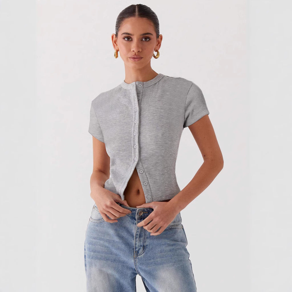 Summer New Slim-fit Buttoned Cardigan Short Sleeve T-shirt