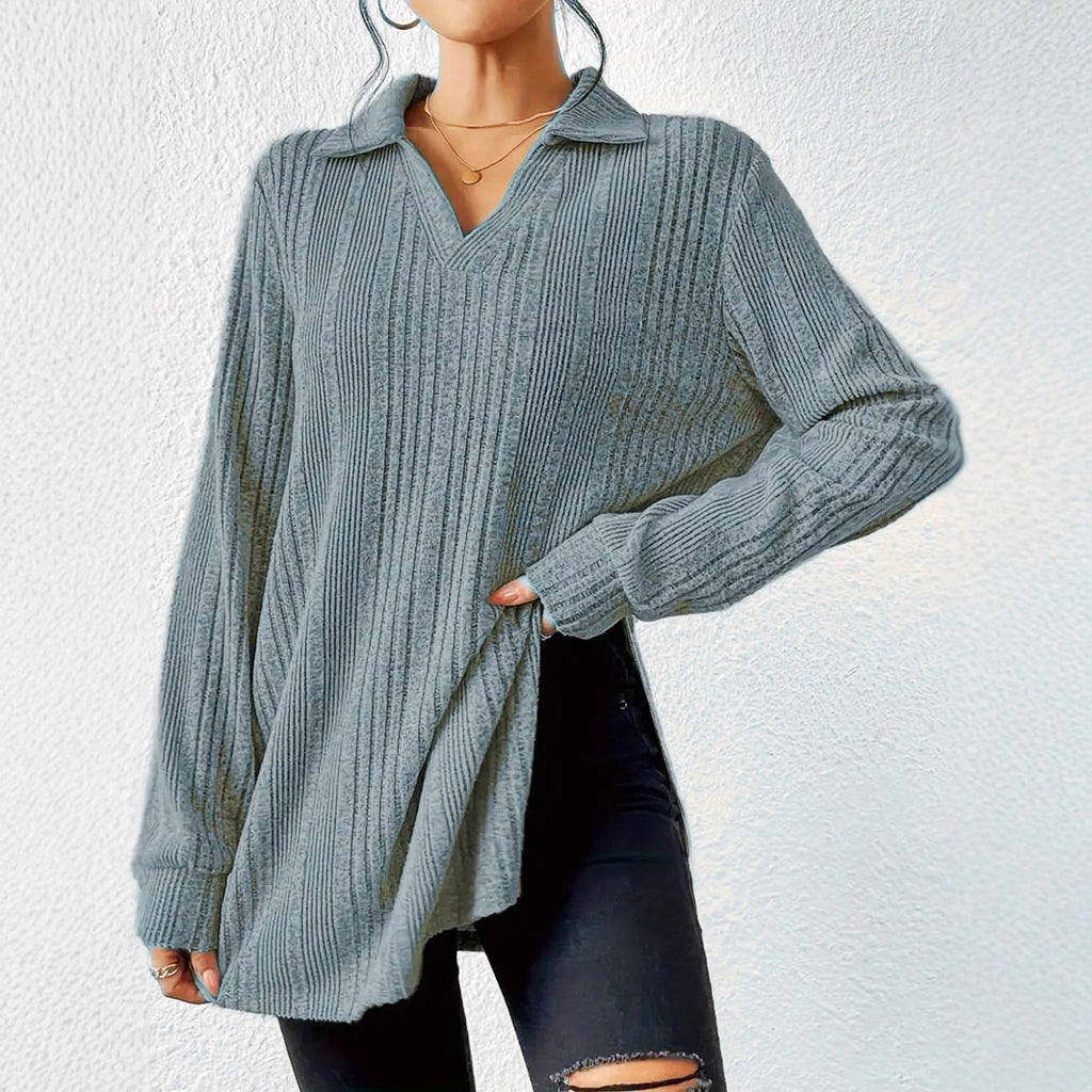 Women's V-neck Reverse Collar Long-sleeved T-shirt
