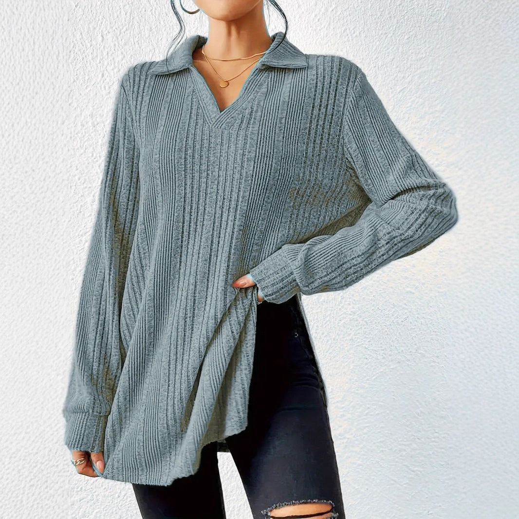 Women's V-neck Reverse Collar Long-sleeved T-shirt