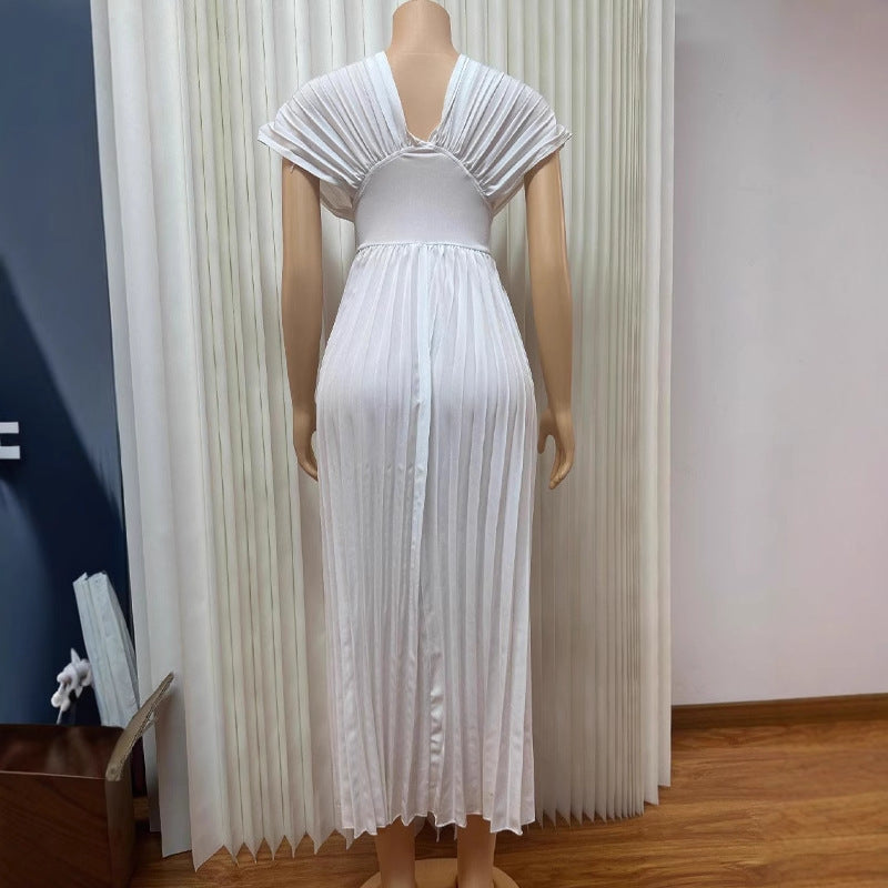 V-neck Sexy Bat Sleeve Slim-fit Pleated A- Line Dress