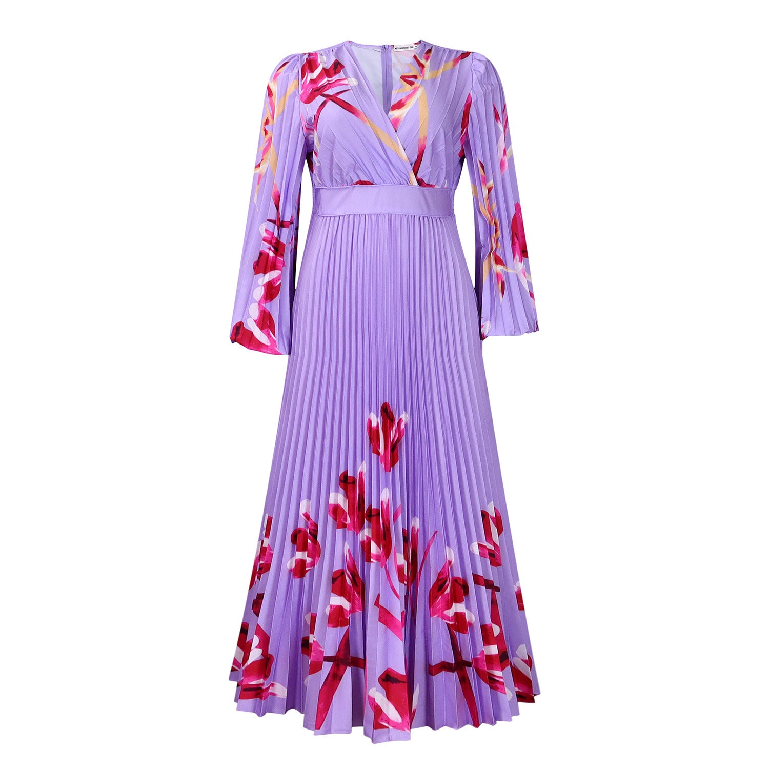 V-neck Slimming Long Sleeves Printed Pleated Dress