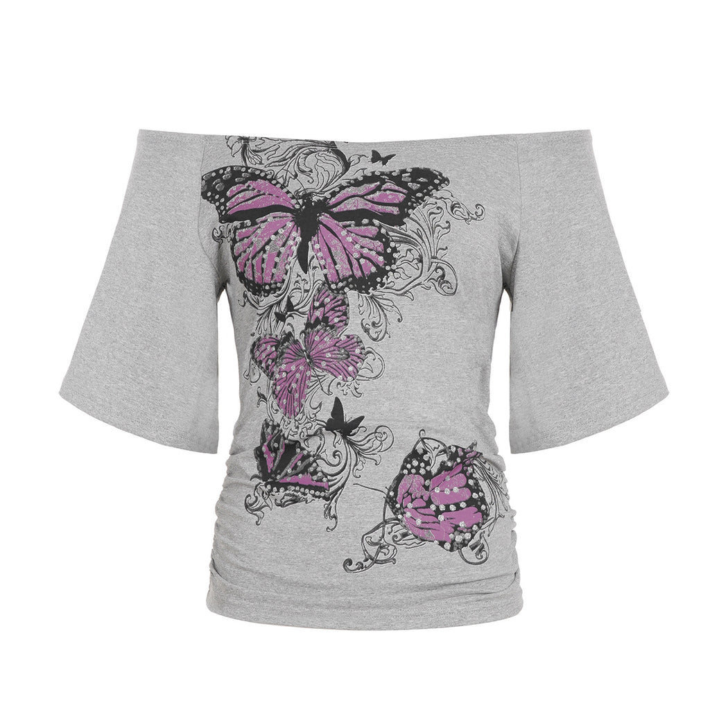 American Street Niche Design Retro Floral-print Off-shoulder Short Sleeve