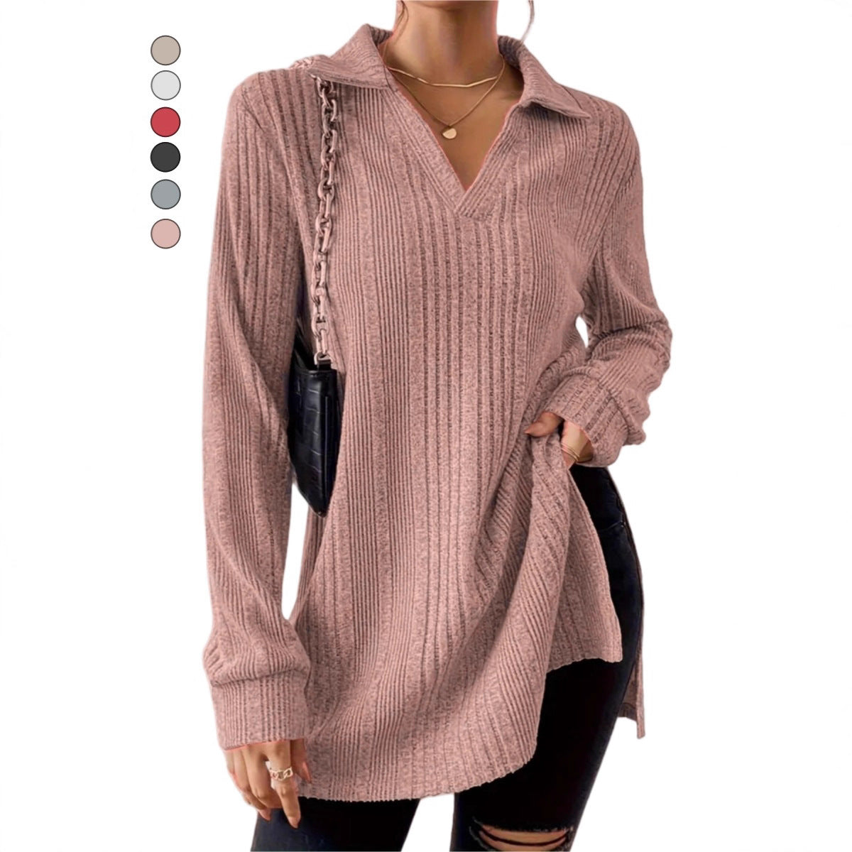 Women's V-neck Reverse Collar Long-sleeved T-shirt